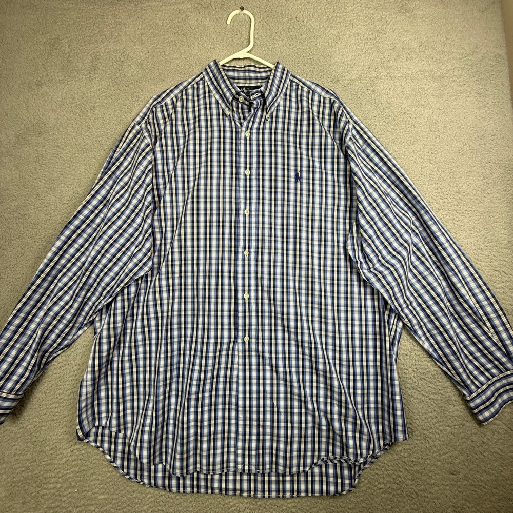 Ralph Lauren Blake Mens Blue Plaid Button Down Shirt XL Cotton Long Sleeve
